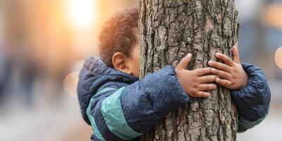 Child Hugging Tree Trunk Nature Conservation Image photo