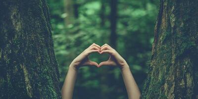 Hands Forming Heart Shape in Mossy Forest Nature Love Environment photo