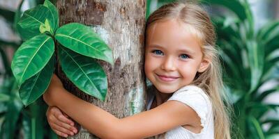Adorable Little Girl Hugging Tree Trunk Surrounded by Lush Green Tropical Foliage photo