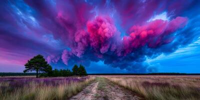 Pink and Blue Dramatic Cloudscape over Grassy Field with Trees photo