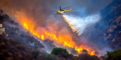 Firefighting Helicopter Water Drop Wildfire Scene Hillside Emergency Response photo