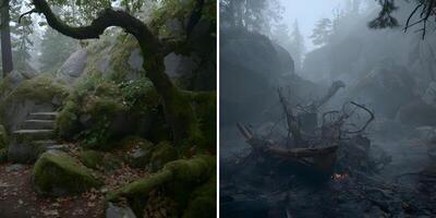 Misty Forest Scene Stone Steps Mossy Tree Campfire photo