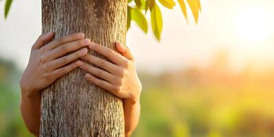 Person Hands Hugging Tree Trunk in Nature Sunlight photo