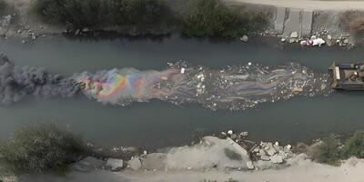 Aerial View Rainbow Smoke Pollution River Garbage Cleanup photo