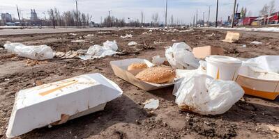 FastFood Trash Littered on Ground Roadside Burger Boxes Cups photo