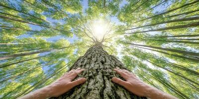 Two Hands Touching a Large Tree Trunk in a Lush Forest with Sunlight photo