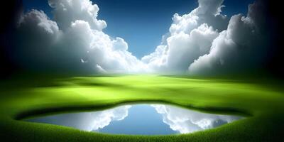 Serene Landscape Green Field Blue Sky Clouds Reflection Pond photo