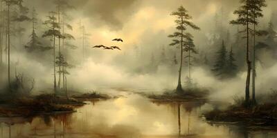 Misty Forest River Landscape with Flying Birds Calm Water Scene photo