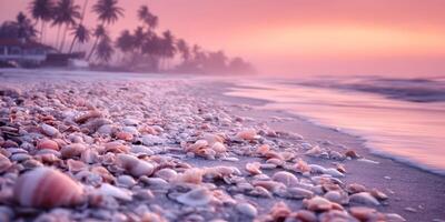 Pink Seashells on Beach at Sunrise Palm Trees Background photo