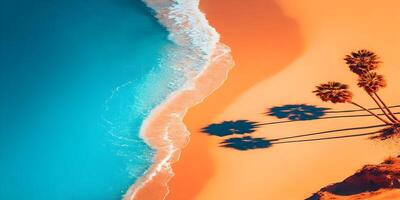 Aerial View Ocean Waves Crashing Orange Sandy Beach Palm Trees Shadows Summer Vacation photo