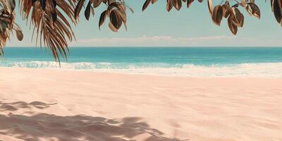 Tropical Beach Scene Calm Ocean Waves Sandy Shore Palm Leaves Overhead View photo
