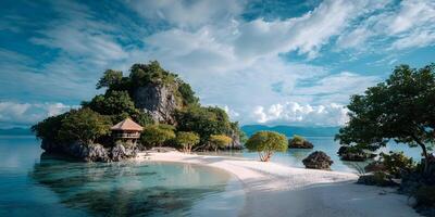 Tropical Island Beach Hut Seascape Calm Ocean White Sand Cliff Paradise photo
