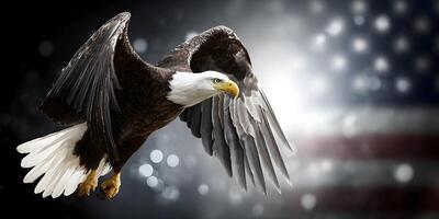 American Bald Eagle in Flight with Blurred Flag Background photo