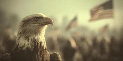 American Bald Eagle Closeup with Blurred American Flags and Crowd Background photo