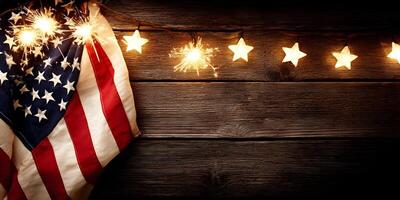 American Flag with Sparklers and Star Lights on Wood Background photo