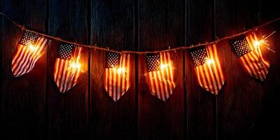 American Flag Bunting with Sparklers on Rustic Wood Background photo