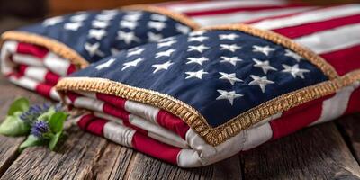 Folded American Flags with Gold Fringe on Wooden Surface photo