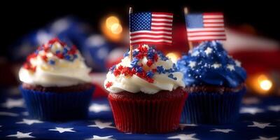 Three Red Velvet Cupcakes Decorated for July 4th with American Flags photo