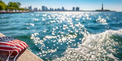 American Flag on Wooden Dock New York City Skyline Background photo