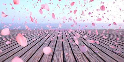 Pink Flower Petals Falling on Wooden Dock by Ocean Romantic Spring Scene photo