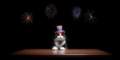 tuxedo cat wearing uncle sam hat sitting on table with fireworks background photo