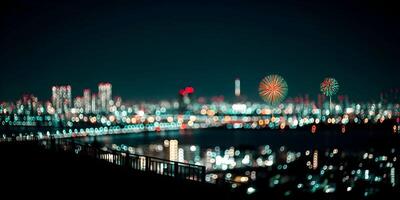 Night Cityscape Fireworks Display Bokeh Lights photo