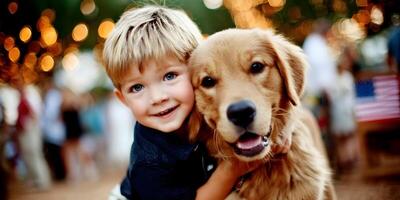 Adorable Toddler Boy Hugging Golden Retriever Puppy Outdoor Setting Bokeh Lights photo