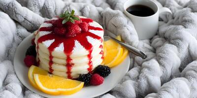 Delicious Pancakes Stack with Raspberry Sauce Orange Slices and Berries on Cozy Blanket photo