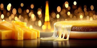 Delicious Cheeseburger with Melted Cheese and Cheese Pieces Golden Lights Background photo