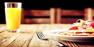 Delicious Pancakes with Mixed Berries and Cream on Wooden Table with Orange Juice photo