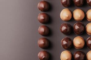 Delicious assortment of dark and milk chocolates arranged on a dark surface showcasing their rich textures and colors photo