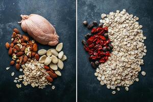 Healthy ingredients for a nutritious meal preparation featuring nuts, seeds, and grains on a dark surface photo