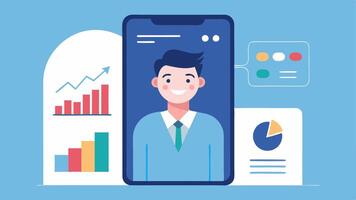 Smart Device Dashboard A smartphone screen filled with financial data and analytics where an AI avatar provides realtime investment tips and portfolio adjustments.. vector