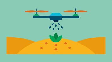 Seeding Drone A drone is releasing seeds into the ground while flying over a farm showing an innovative approach to planting without tillage.. vector