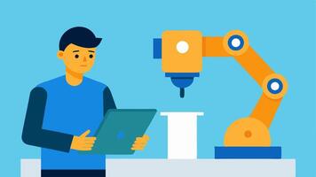 Robotic Arm Programming A technician programs a robotic arm using a tablet readying it for a new assembly task while the robot awaits instructions.. vector