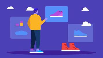 Shoes in Different Colors A shopper standing in front of a shoe display using AR to view shoes in various colors and styles projected around the actual product.. vector