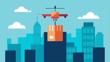 Sky Bound Delivery A sleek drone hovering above a vibrant cityscape with a small package secured beneath it ready to deliver to the rooftop of a modern building.. vector