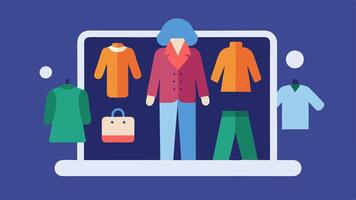 Seasonal Lookbook An AR display shows a seasonal collection of clothes with a user scrolling through looks and adding favorites to their virtual wardrobe.. vector