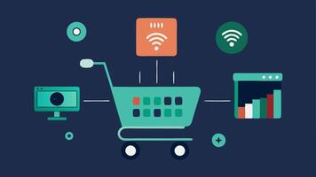 Shopping Cart with Sensors A shopping cart loaded with items featuring a digital screen that displays the total cost as the user adds products. The cart is highlighted with tiny. vector