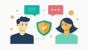 Secure Chat An illustration of two users engaged in a secure chat with a shield and blockchain symbol above their heads to indicate encrypted communication linked to their digital. vector
