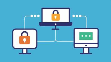 Secure Connections Two computers connected by a secure line with a lock symbol representing encrypted data transfer with AI monitors watching for potential breaches.. vector