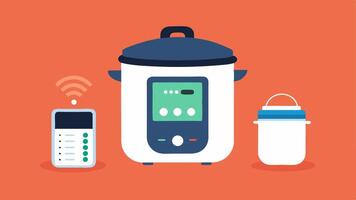 Smart Instant Pot An instant cooking pot with a digital interface displaying cooking times and options alongside an app controlling its functions remotely.. vector