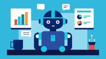Robot Analyzer A friendly robot sitting at a desk examining various digital screens filled with graphs customer feedback and demographic statistics.. vector