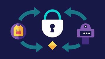 Secure Transactions An illustration of a digital lock symbol overlaying a gaming character with arrows representing secure transactions flowing between players.. vector