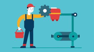 Repair Shop A mechanic in an exoskeleton lifting a heavy car engine from a workbench showcasing ease and agility.. vector
