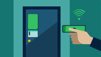 Secure Entrance via Biometrics A door with a biometric scanner mounted on it showing a hand placing a finger on the scanner with a glowing green light signifying access granted.. vector