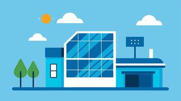Renewable Energy Integration A drawing of a building with solar panels and smart glass depicting how smart glass works together with renewable technologies to reduce. vector
