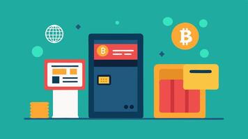 Selling Cryptocurrency An image of an open ATM with a cash slot displaying instructions for selling cryptocurrency and a graphic of a digital wallet.. vector