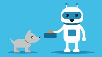 Robot Pet Feeder A small robot is filling a dogs food bowl with the happy pet eagerly waiting beside it wagging its tail.. vector