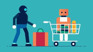 Robot with a Shopping Cart A robot is pushing a shopping cart filled with groceries while assisting a person as they walk through a supermarket aisle.. vector